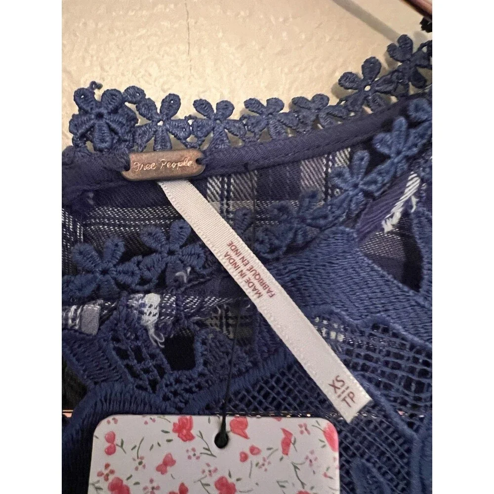 FREE PEOPLE Darling Diana‎ Tunic Lace Top Size XS-Blue Plaid $128